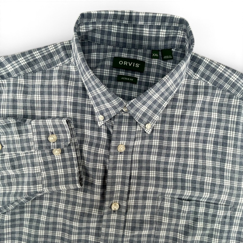 Orvis Active Fit Mens XXL Blue White Plaid Long Sleeve Button Down Shirt